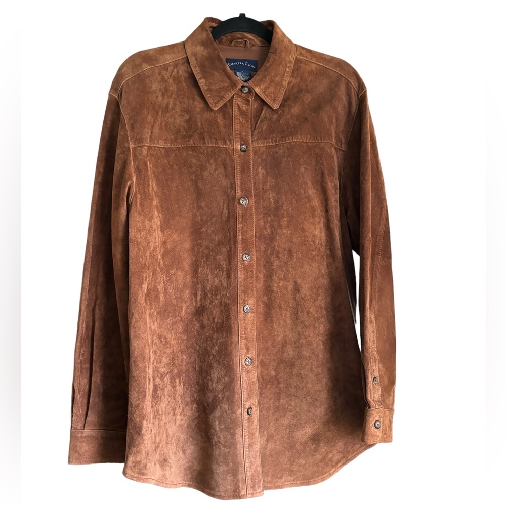 Vintage Charter Club Brown Suede Leather Button Down Tunic Shacket Women Size L